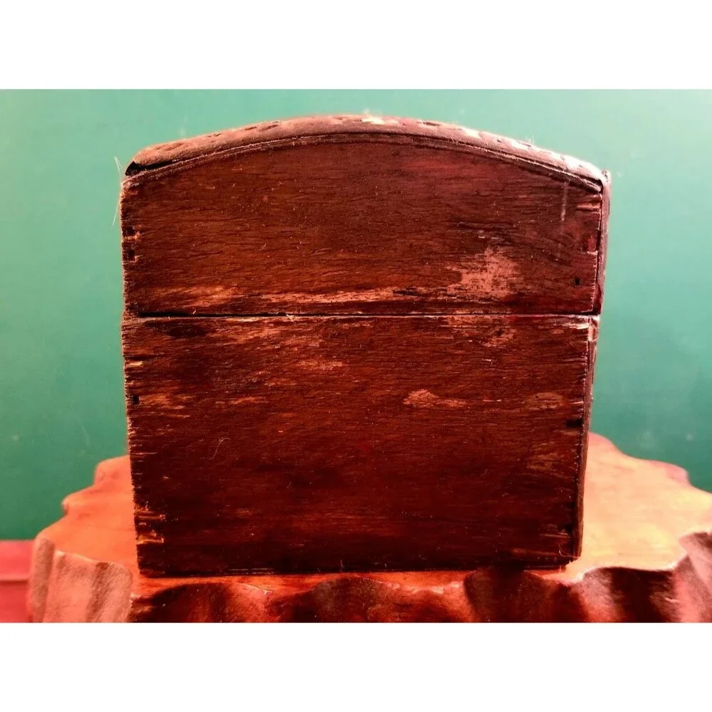 Wooden Treasure Chest Jewelry Box Leather Embossed W/ Floral Pattern Carved Trim